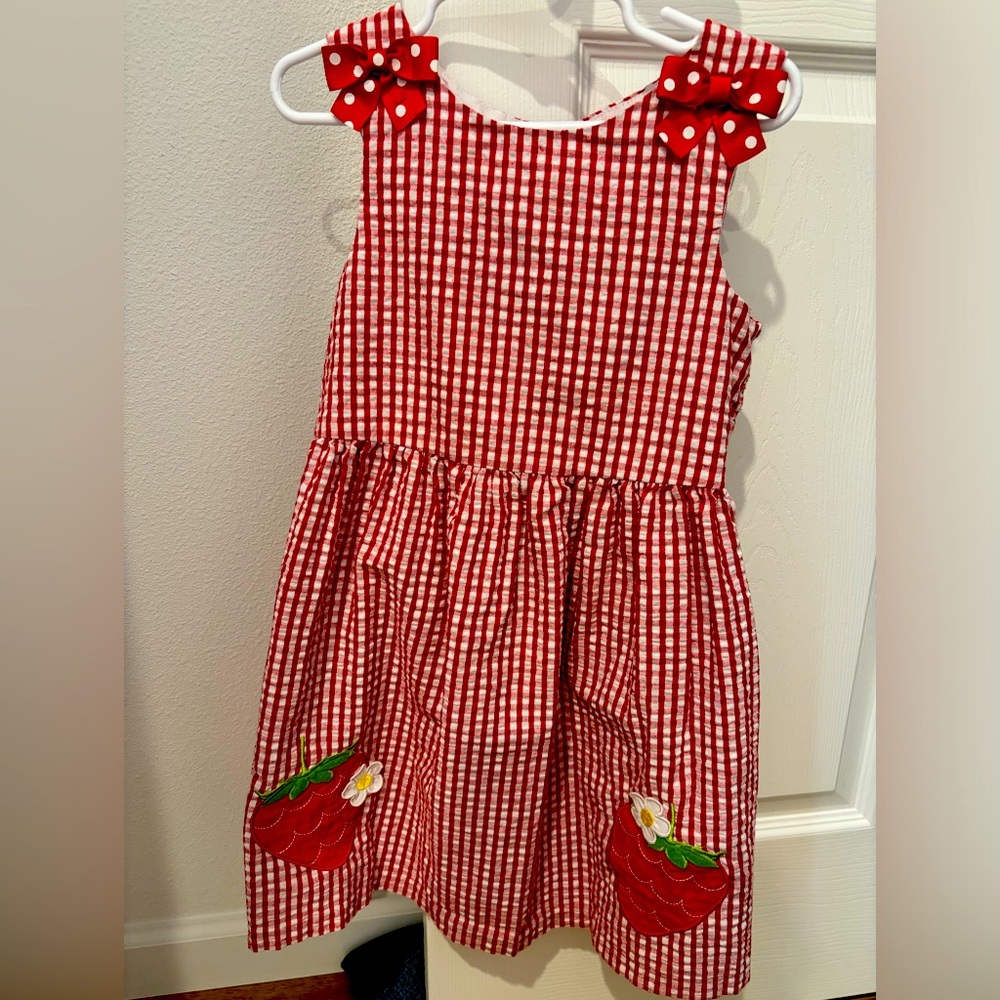 Little girl’s strawberry seersucker dress